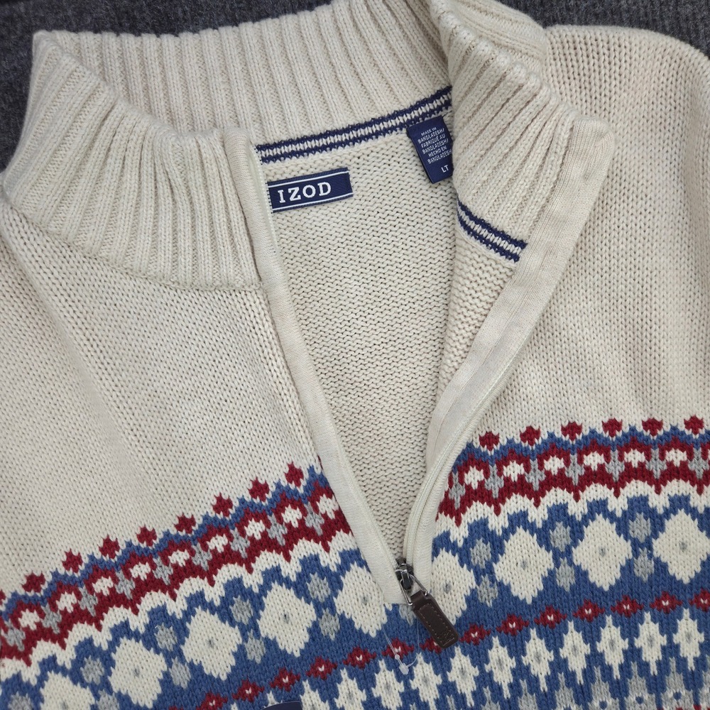 IZOD Sweater Mens LT Beige Cotton Fair Isle 1/4 Zip Tall Pullover Winter Ribbed